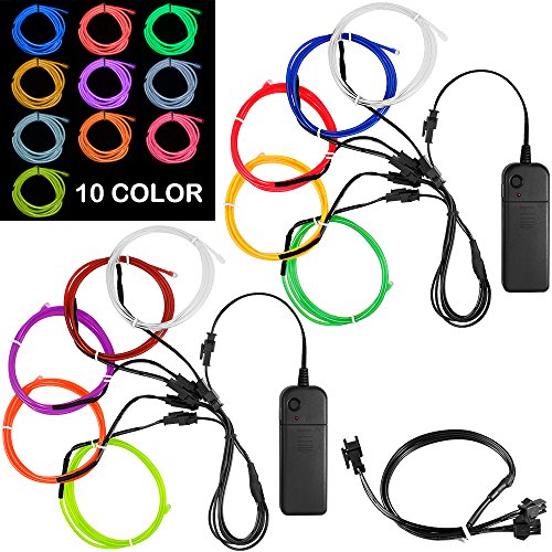 DanziX 10 Pack 3ft Portable EL Wire, Neon Light for Halloween Christmas Party
