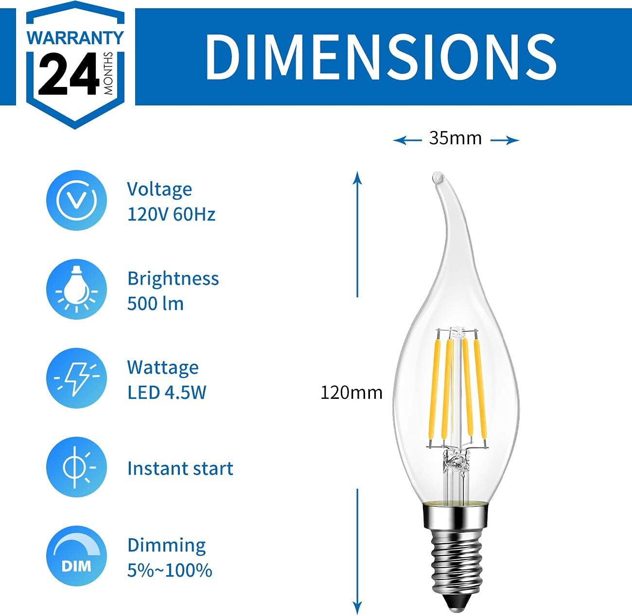 ANWIO Flame Tip LED Filament Bulb Candelabra E12 Base, Dimmable 4.5W (60W Equivalent) B11 Chandelier Candle Light Bulb, 2700K Warm White 6-Pack