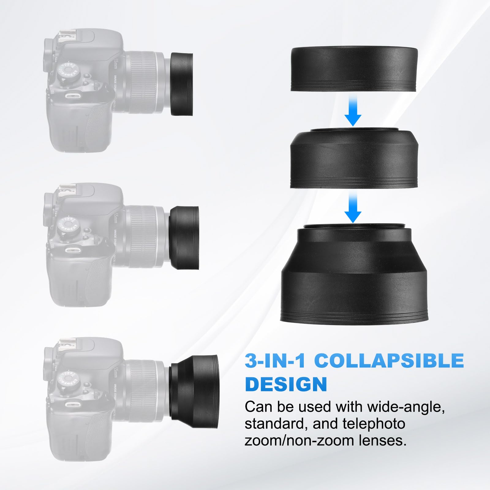 PATIKIL 62mm Paraluce In Gomma Per Obiettivo Fotocamera, Ripiegabile In 3 Step Nero Scudo Universale Contro Luce Solare Con Panno In fibre Per Pulizia E Penna Per Pulizia