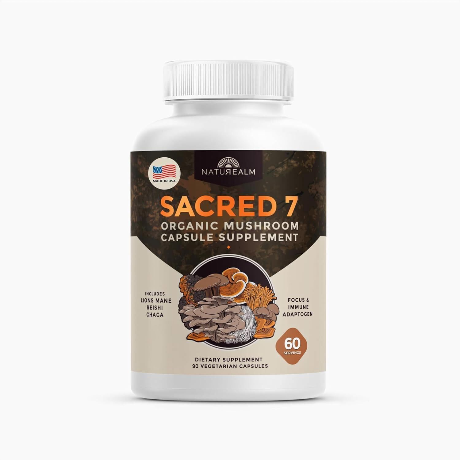 NaturealmSacred 7 Organic Mushroom Extract Capsules - Premium 7 Mushroom Supplement with Lions Mane, Reishi, Chaga - USDA Organic Immune Support & Focus - 90 Vegetarian CapsulesUSDA Organic