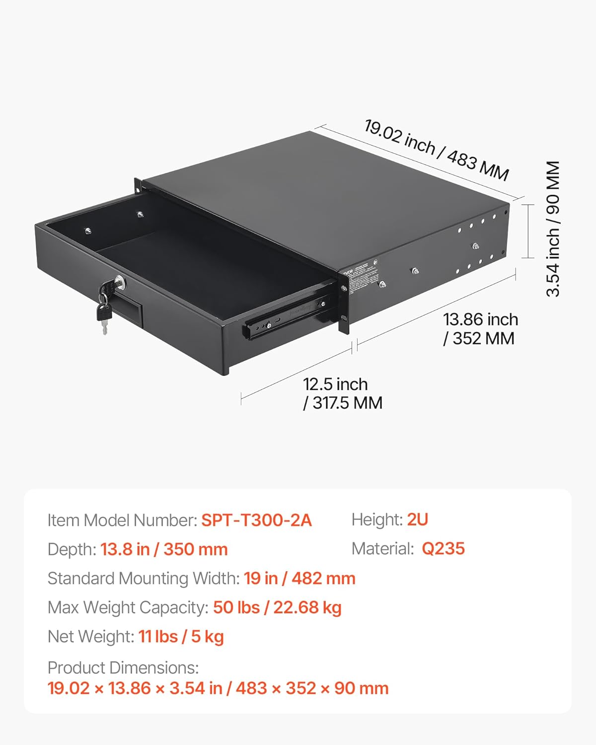 VEVOR 2U Rack Drawer, Lockable Server Cabinet Case, 13.8'' Depth Server Rack Mount Drawer, for 19'' Network Equipment/DJ/AV Rack or Cabinet Enclosure, 50 lbs Max Load, with Cable Management Holes - Image 7