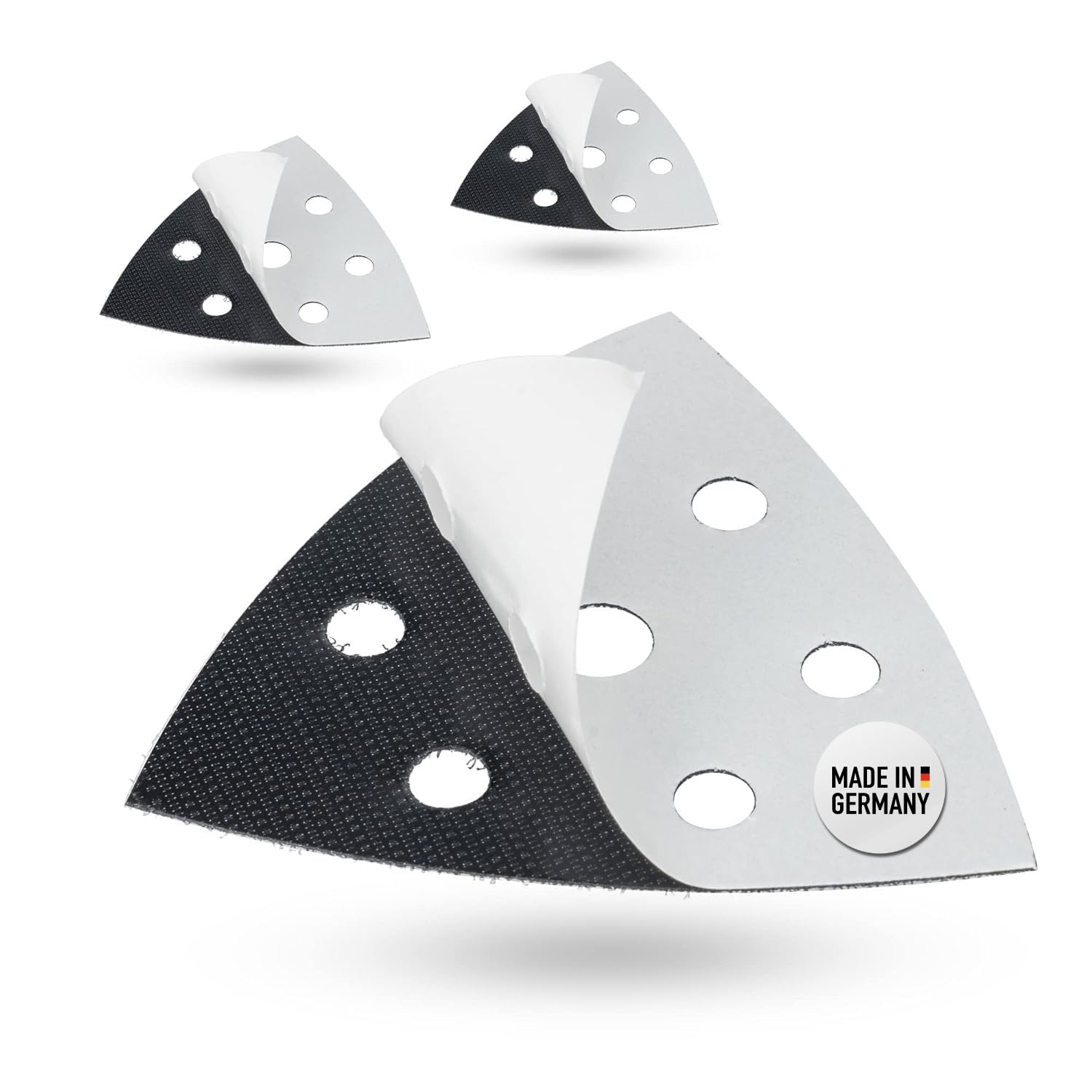 3x DFS Ersatzklett für Deltaschleifer Schleifplatte 93x93x93 mm 6-Loch, [3er-SET]Klett-Ersatz-Dreieck selbstklebend für Schleifpapier Dreieckschleifer
