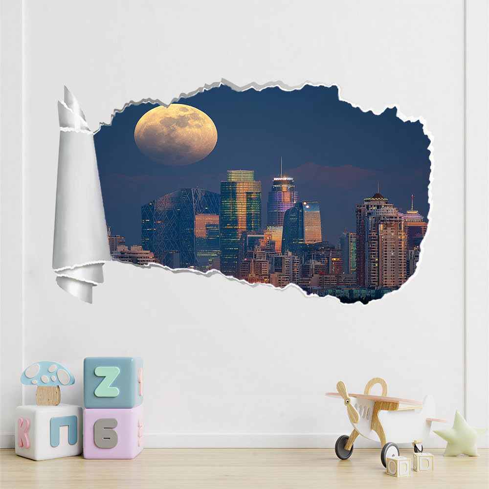 Pegatinas de pared rota 3D Luna Arte Mural De La Pared Arquitectura Urbana Calcomanía De Pared De Sala De Estar Para Dormitorio Infantil, Decoración Del Hogar