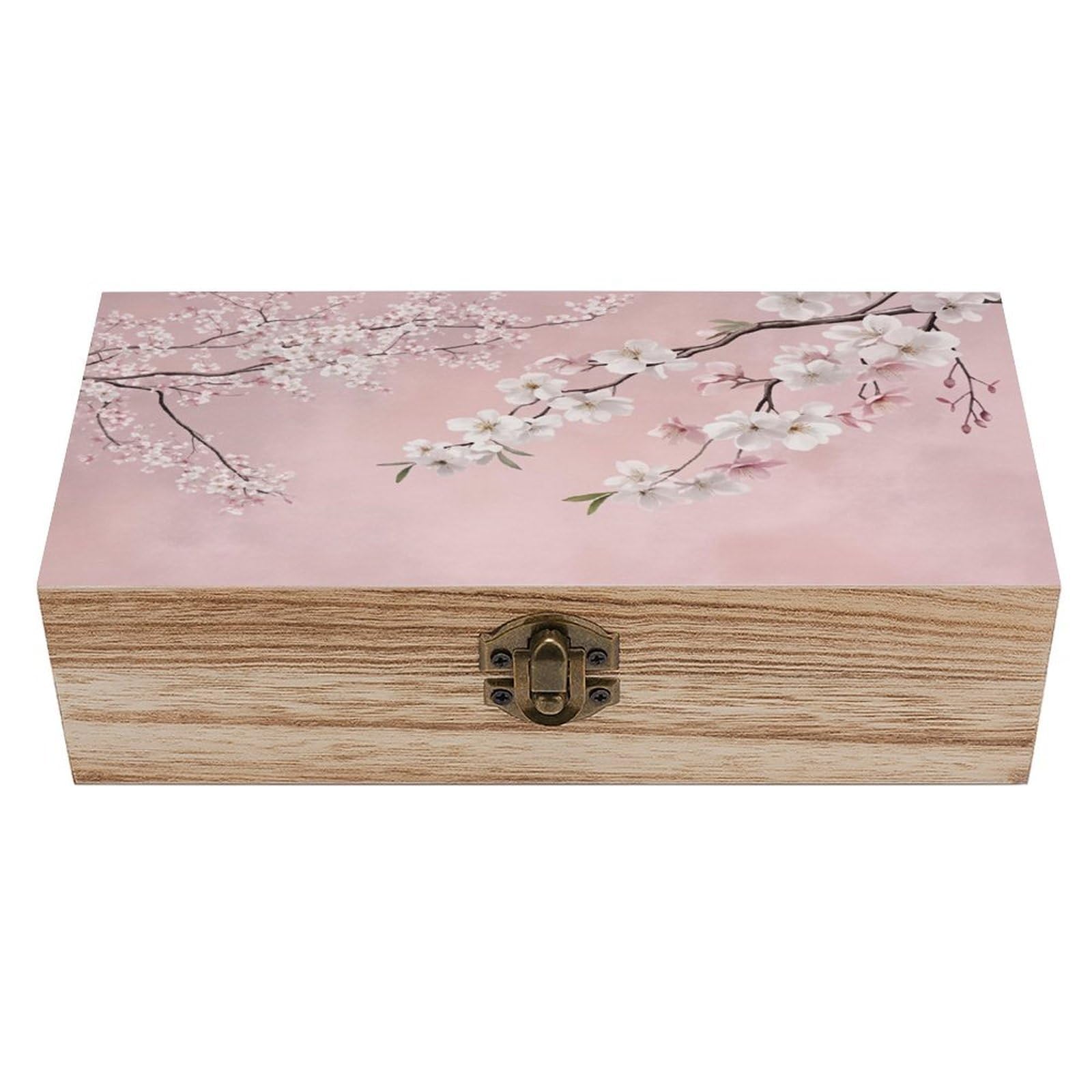 HLBSDM Cherry Blossom Pink Floral Vintage Wooden Keepsake Box with Hinged Lid And Locking Clasp, Decorative Storage Box for Jewelry, Trinkets And Small Accessories, Organizer for Home Or Wedding