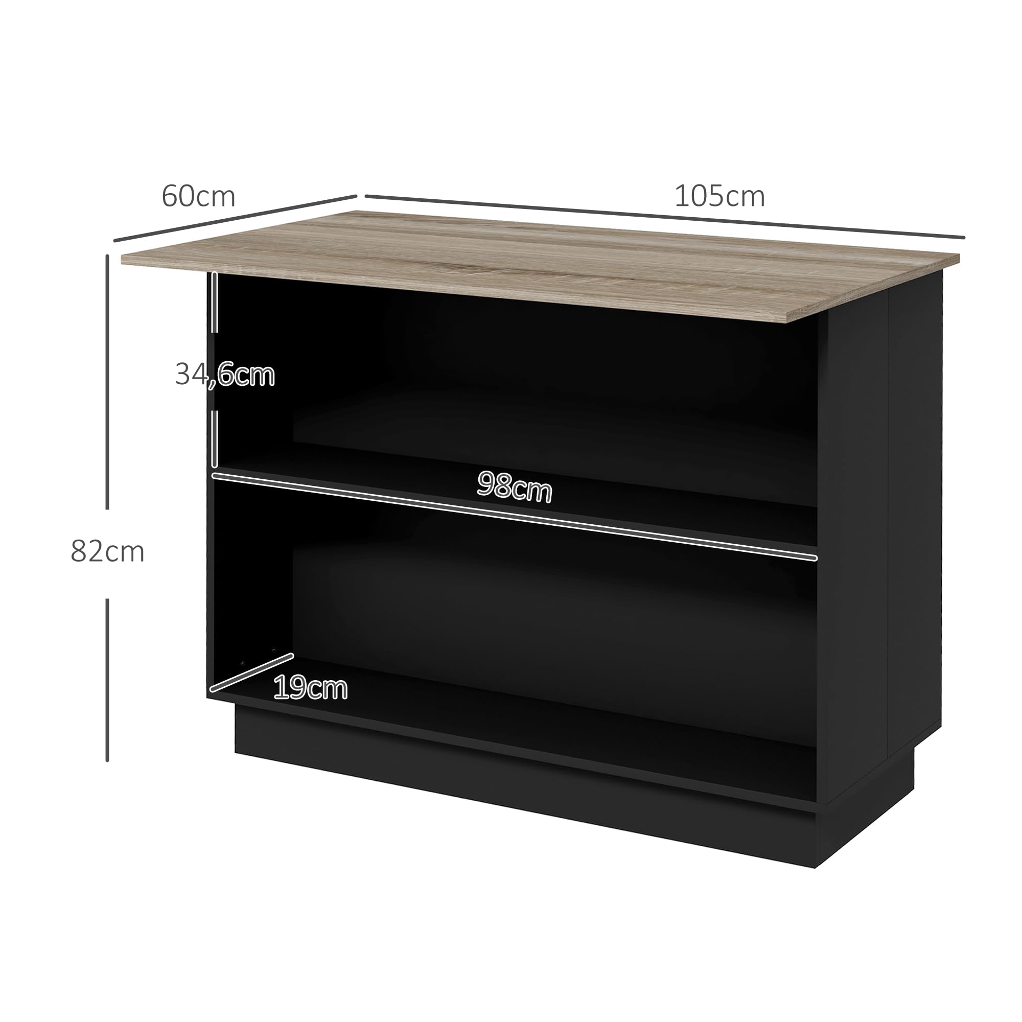HOMCOM Isla de Cocina Mueble de Cocina con Estantes Ajustables 2 Estantes Abiertos y 2 Puertas Estilo Moderno Carga 100 kg 105x60x82 cm Negro y Roble
