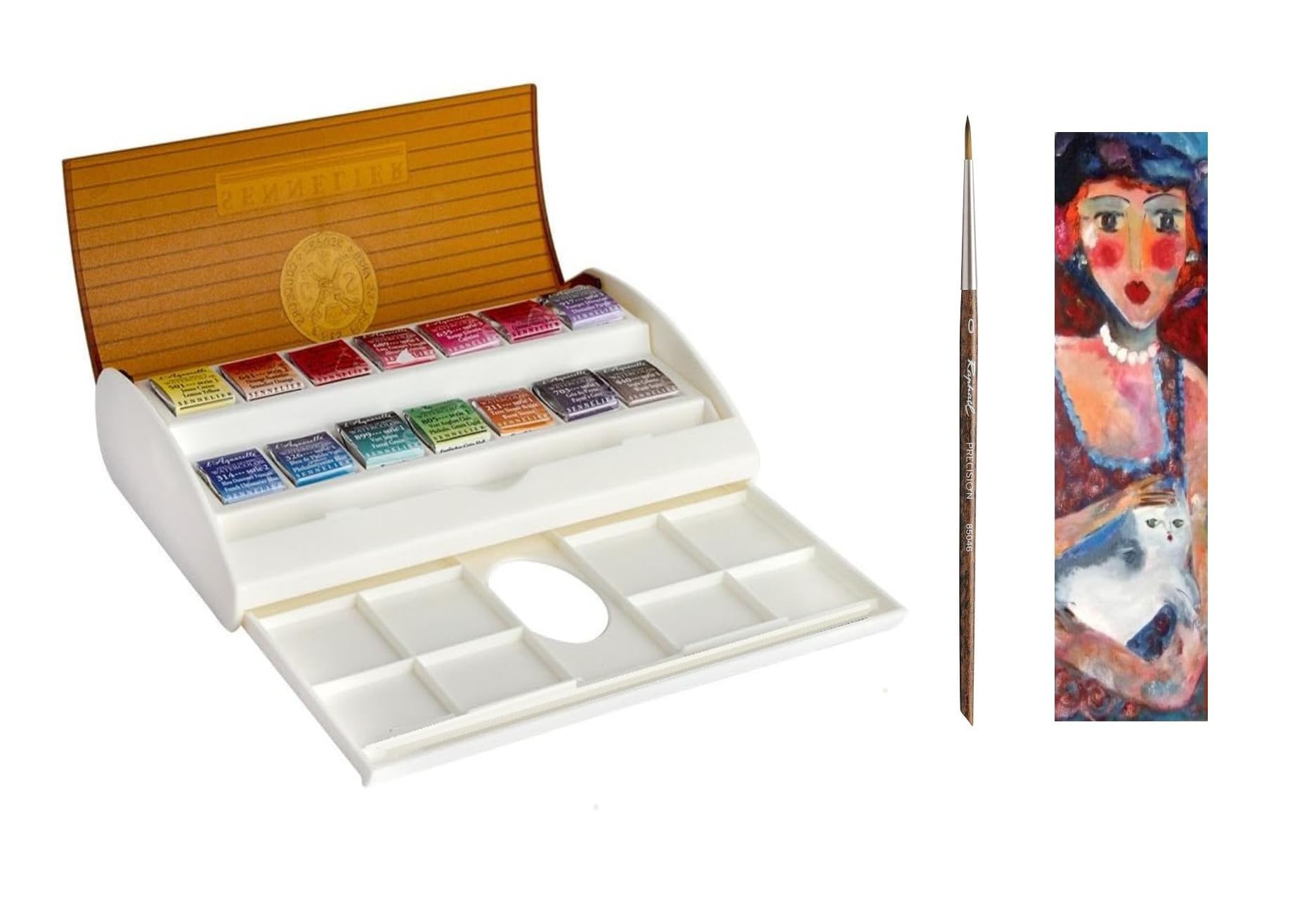 Sennelier Boîte de Peinture Aquarelle Extra-Fines,14 Demi-Godets. Boîte en métal. avec Pinceau et 1 Carte