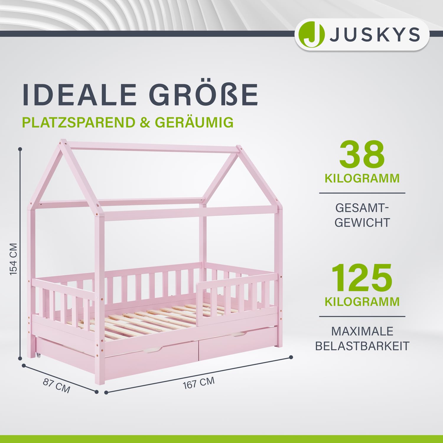 Juskys® Kinderbett Marli 80 x 160 cm mit Bettkasten 2-teilig, Rausfallschutz, Lattenrost & Dach - Massivholz Hausbett für Kinder - Bett in Rosa