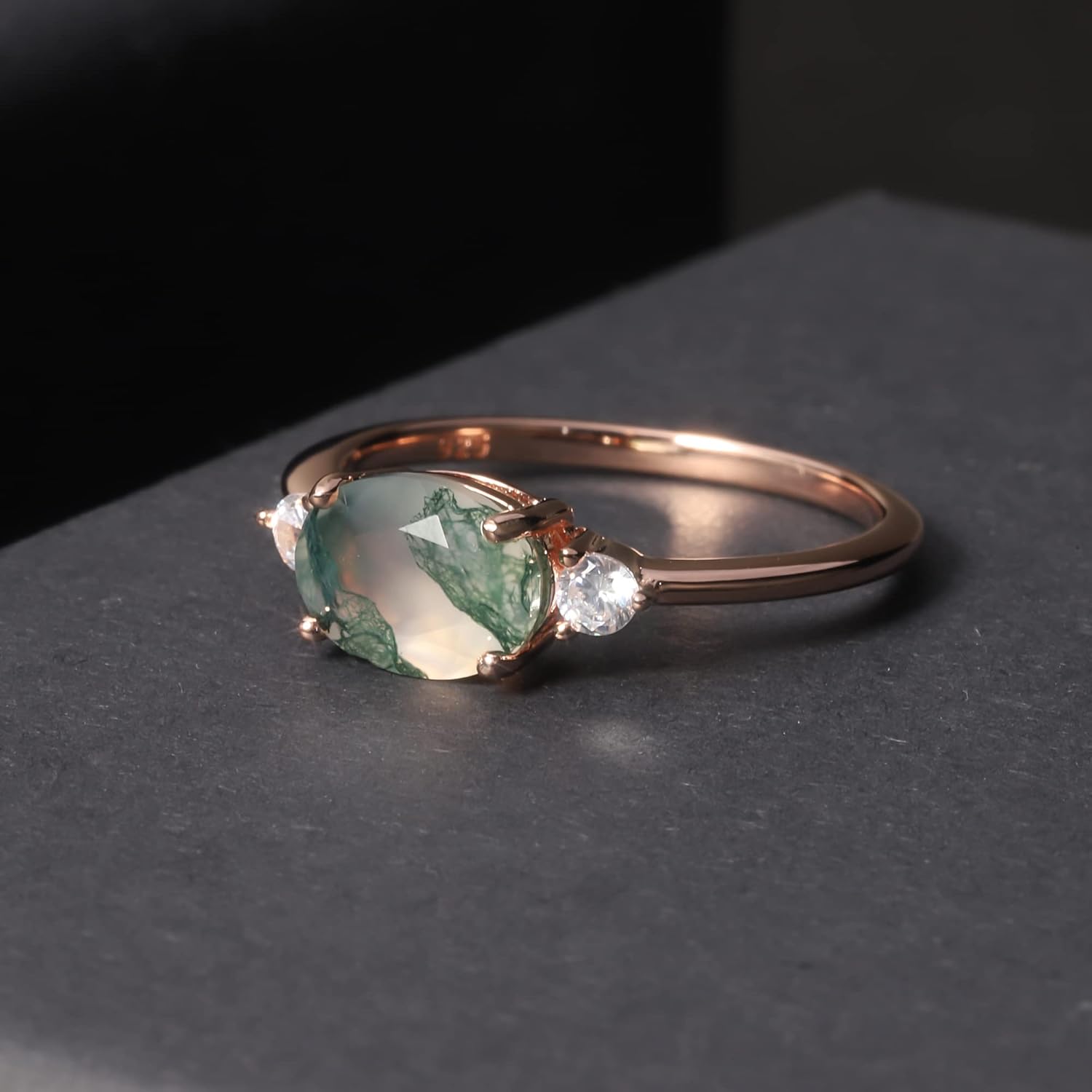 Gem's Beauty Women's Wedding Ring 0.63CT 5x5mm Square Shape Moss Agate Halo Pave Engagement Rose Gold Rings Women in 925 Sterling Silver(Size5-10)