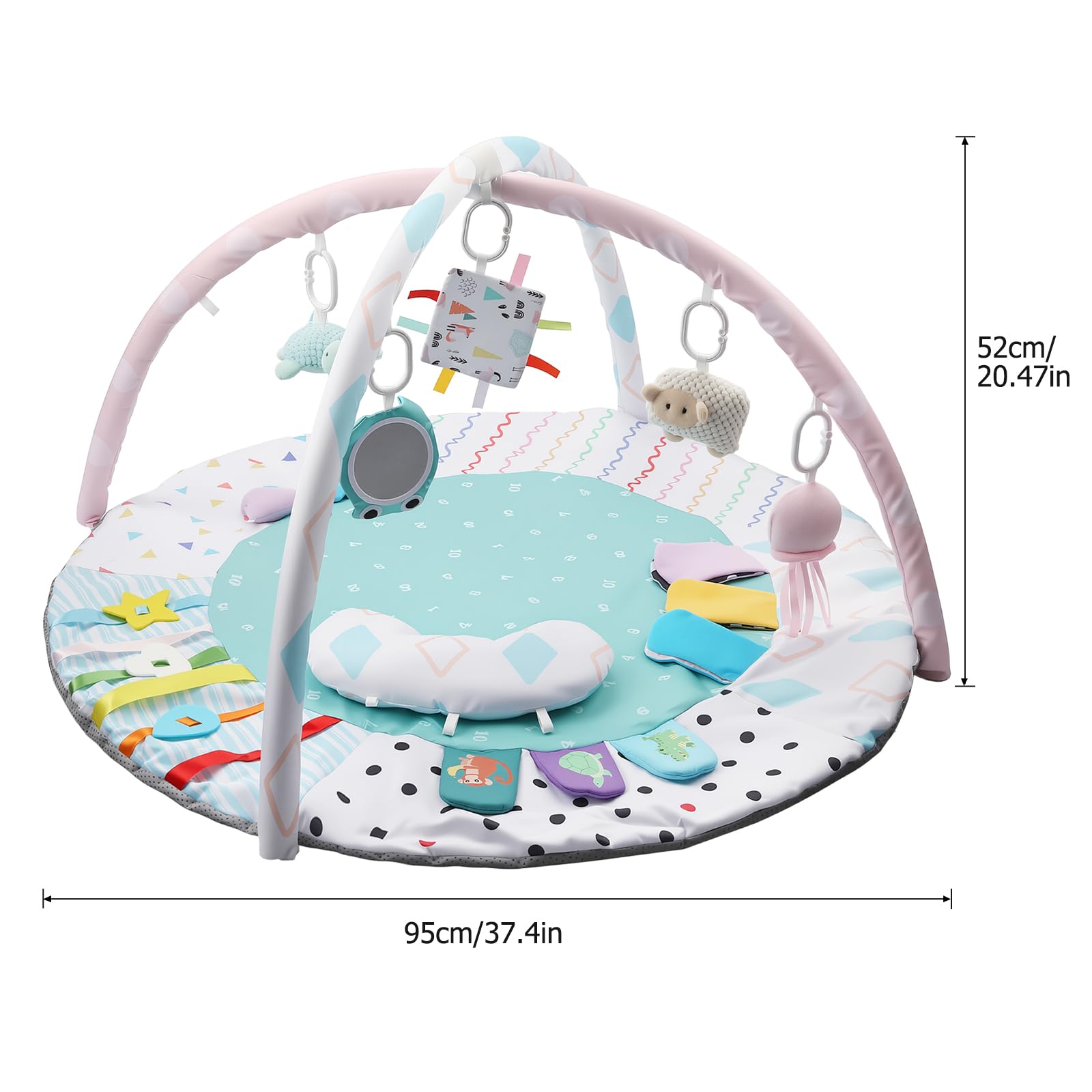 JiGiU Tapis d'Éveil Bébé 95x95cm avec Arche, Tapis de Gym pour Bébé | 5 jouets sensoriels détachables et petit coussin, montage 1min pliable transportable, adapté 0-18 mois pour éveil