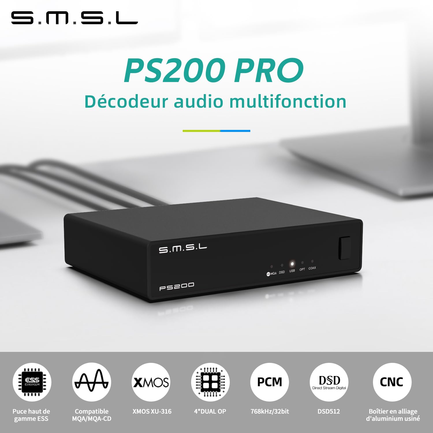 SMSL PS200PRO ES9039Q2M HiFi-DAC, convertisseur audio numérique-analogique DSD512 PCM 32Bit/768kHz, USB/optique/coaxial sur sortie stéréo cinch, MQA/MQA-CD-Audio-DAC pour PC/PS5/amplificateur