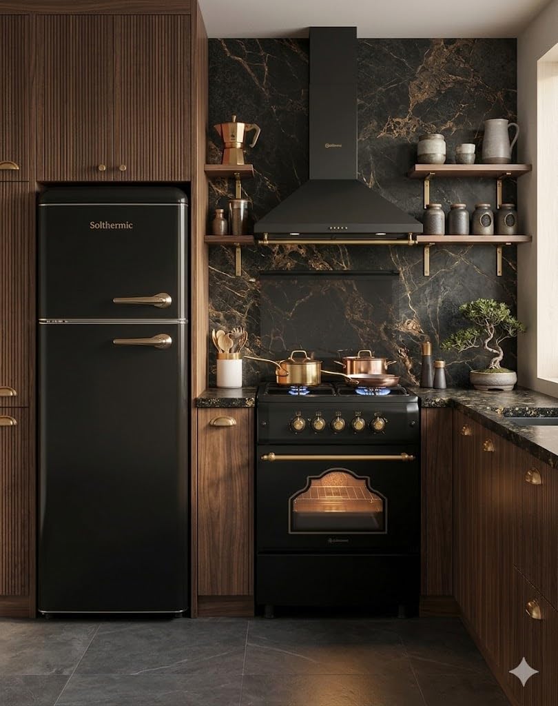 SOLTHERMIC PACK NEGRO RUSTICO ACABADOS DORADOS COCINA F6S40G2 GAS CON HORNO 4 FUEGOS + CAMPANA DECORATIVA 60 CM H60PR + FRIGO 2P RETRO a F2PR147N DE 1,47 cm alto x 55 ancho y 220L