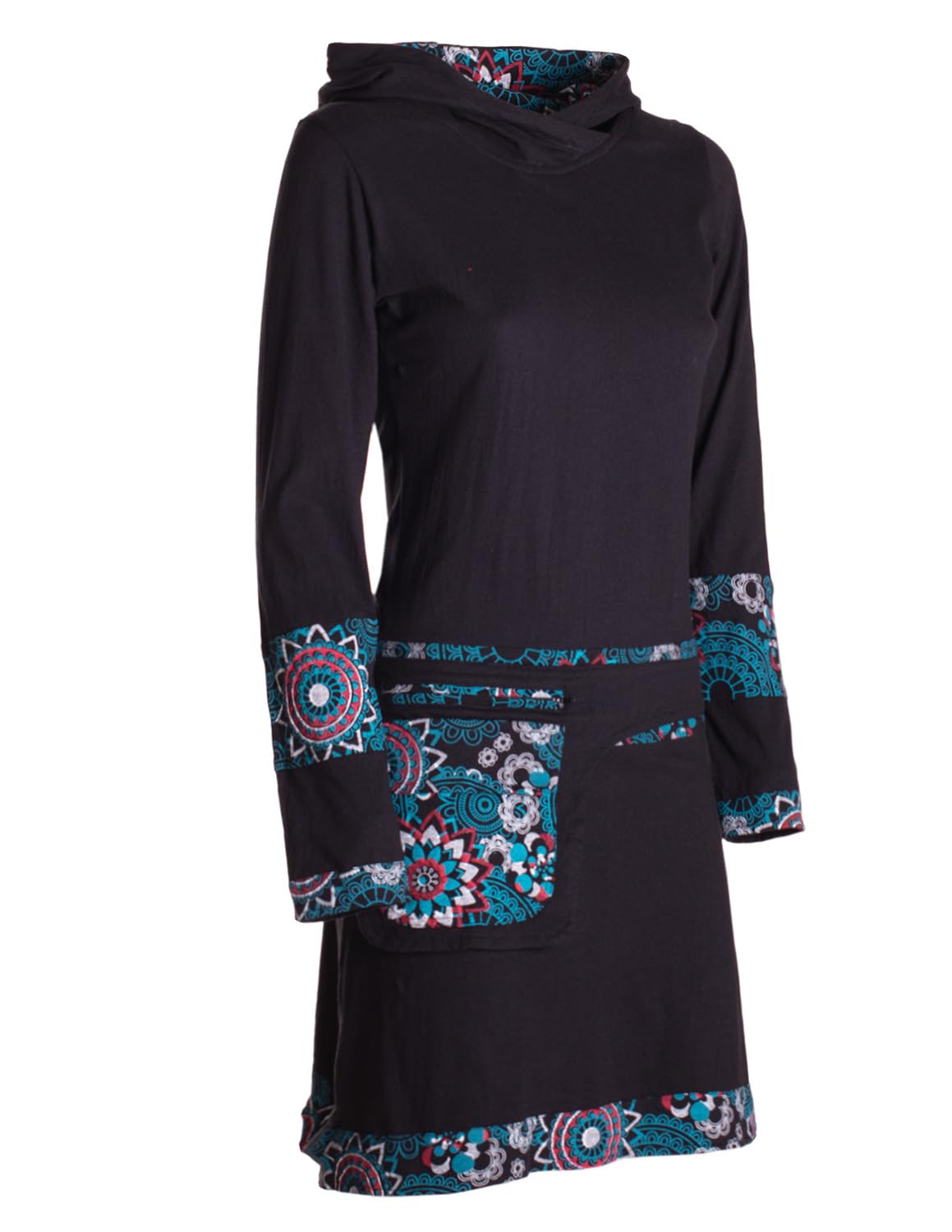 Vishes Alternative Bekleidung - Damen Winterkleid Kapuzenkleid Langarm Baumwoll-Jersey kurz bis Knielang Mandala-Print Gürteltasche warmes Sweatkleid Herbst Winter