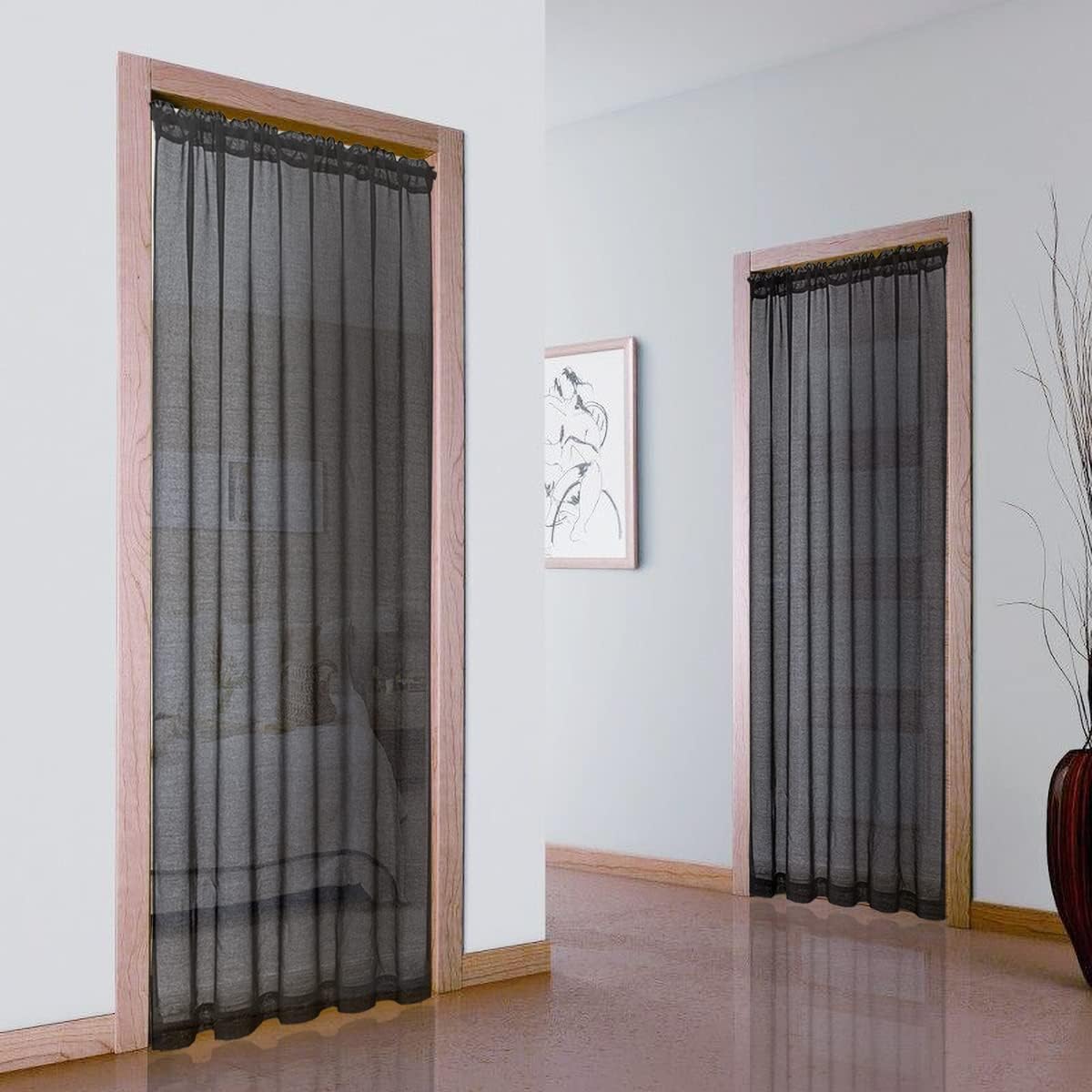 XTMYI Sheer Door Curtains for Doorway,80 in Length,50% Semi Privacy,Airy Lightweight Temporary Room Divider,Window Curtains for Bedroom Living Room 78-80 Opening,80 Inches Long,Black