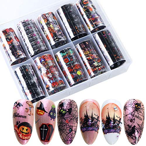 Halloween Nail Art Foils Fall Nail Foil Transfer Stickers, 10Rolls Holographic Nail Foil Decals Nails Art Supplies Halloween Pumpkin Skull Spider Web Ghost Design Sticker for Manicure Tips Decorations
