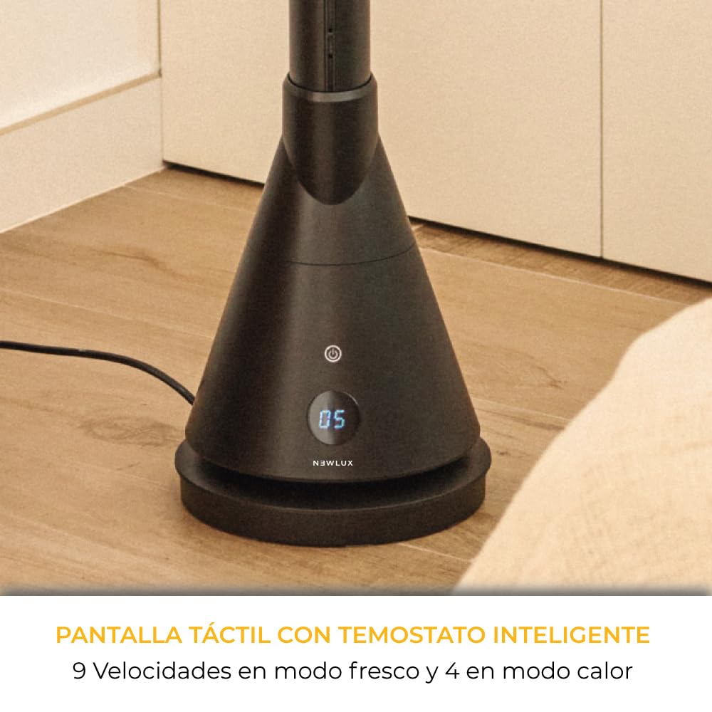 NEWTECK NEWLUX Ventilador de Torre Dual 365 Negro, con Función Calor, Temp. Ajustable 1-30ºC, Termostato, Temporizador 8h, Táctil, Mando a Distancia, Oscilante, 4 niveles Calor y 9 Frío, 1800W
