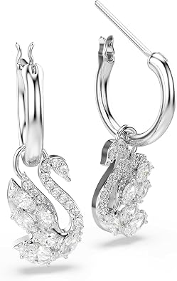 Swarovski Swan drop earrings, Mixed cuts, Swan, White, Rhodium plated