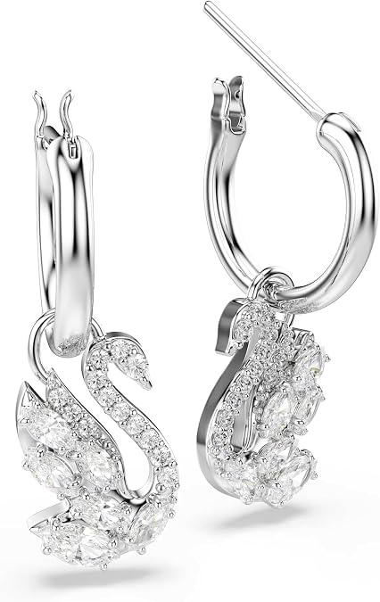 Swarovski Swan drop earrings, Mixed cuts, Swan, White, Rhodium plated