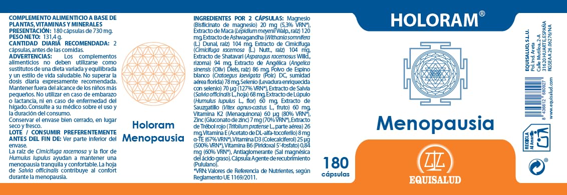 Holoram Menopausia Equisalud – 180 Cápsulas Vegetales – Complemento Alimenticio con Extractos Vegetales, Vitaminas y Minerales
