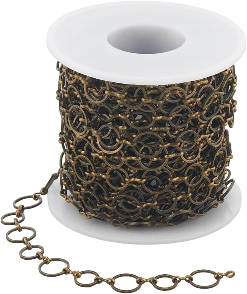10M/32.8 Feet Antique Bronze Jewelry Chains Brass Link Chain 8 x 1mm Linking Rings Unwelded Vintage Cable Metal Connector Roll for Jewelry Necklaces Bracelets Earrings DIY Making Crafting