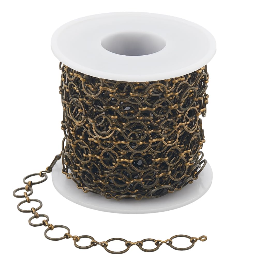 SOFPLATE 10M/32.8 Feet Antique Bronze Jewelry Chains Brass Link Chain 8 x 1mm Linking Rings Unwelded Vintage Cable Metal Connector Roll for Jewelry Necklaces Bracelets Earrings DIY Making Crafting