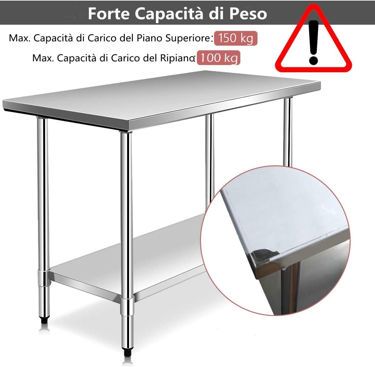 COSTWAY Tavolo da Lavoro in Acciaio Inox 122 x 61 x 90 Professionale, Bancone in Acciaio con Ripiano Regolabile, Mobile con Piano di Lavoro Preparazione di Alimenti, per Cucina e Ristorante