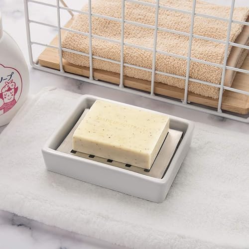 Miniatura 3 de TOPSKY Jabonera de cerámica de acero inoxidable para baño, doble capa, bandeja de jabón autodrenante, di no al jabón blando, fácil limpieza (blanco)