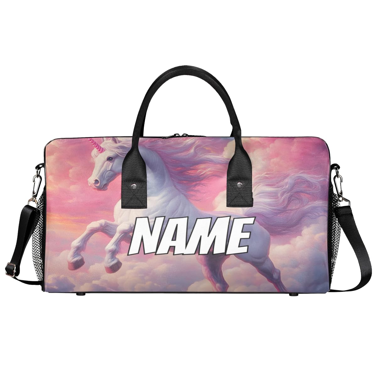 Zestdesign Personalized Pink Unicorn Travel Duffel Bag with Name, Custom Gym Sport Bag Sky Fantasy Carry On Weekend Overnight Duffel Bag for Men Women