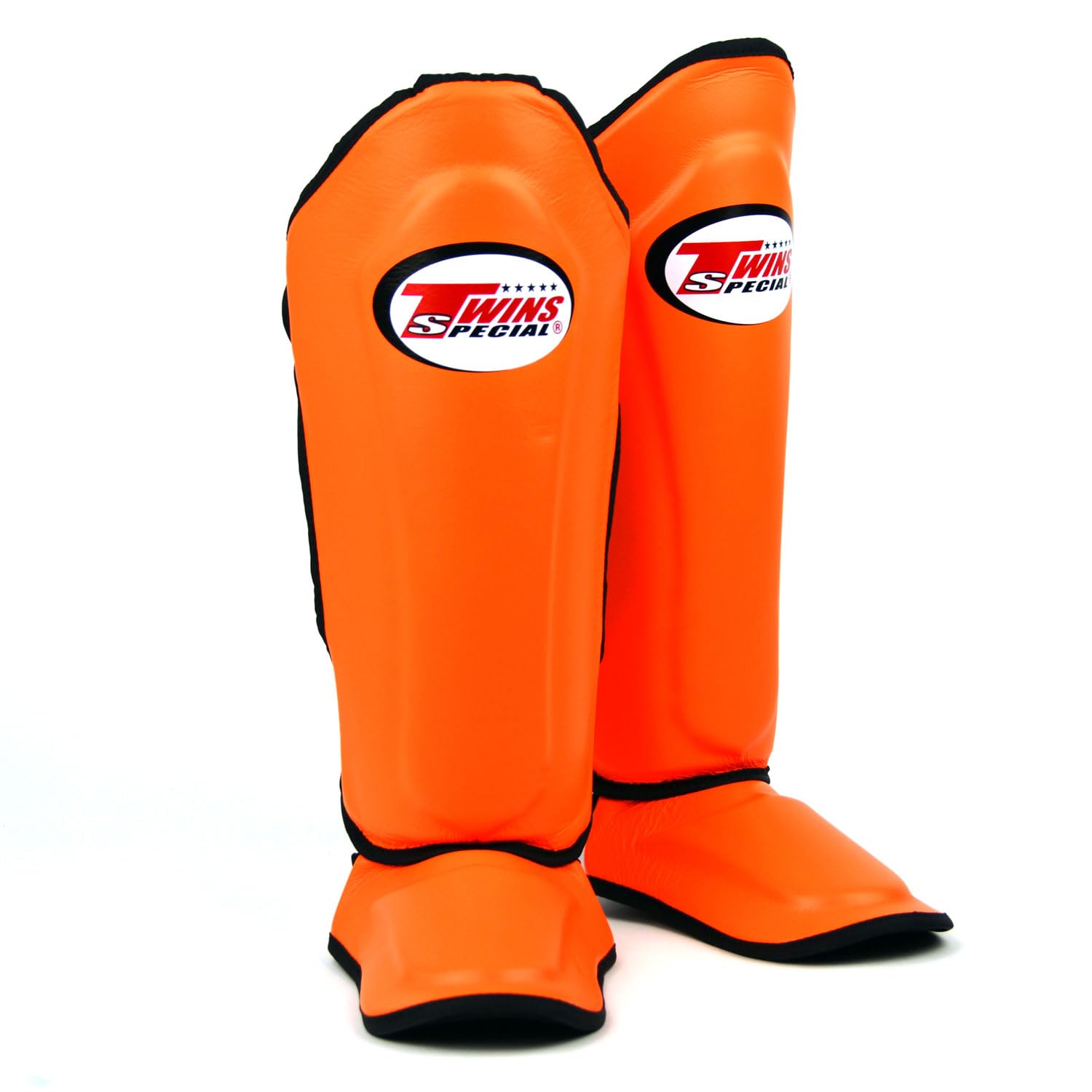 Twins Special SGL10 Genuine Leather Shin Pads, Double Padded - For Muay Thai, Kickboxing & MMA Training & Sparring (Orange/Black, Medium)
