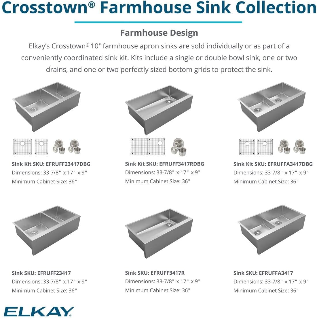 Elkay Crosstown 16 Gauge Stainless Steel 35-7/8" x 20-1/4" x 9" Single Bowl Tall Farmhouse Sink Kit : Everything Else