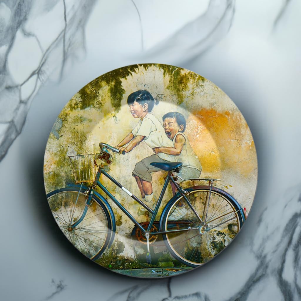 Vintage Bicycle Ceramic Designer Wall Plate with Stand – Handcrafted Decorative Plate for Living Room | 8-Inch Unique Home Décor Accent