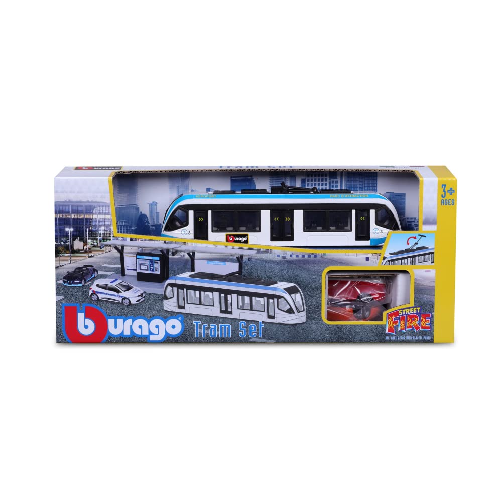 BBURAGO - Transporte público - Playset City Tram - con estación y 2 vehículos - Set de miniaturas a Escala 1:64 - Juguete para niños - para Jugar a Partir de 3 años