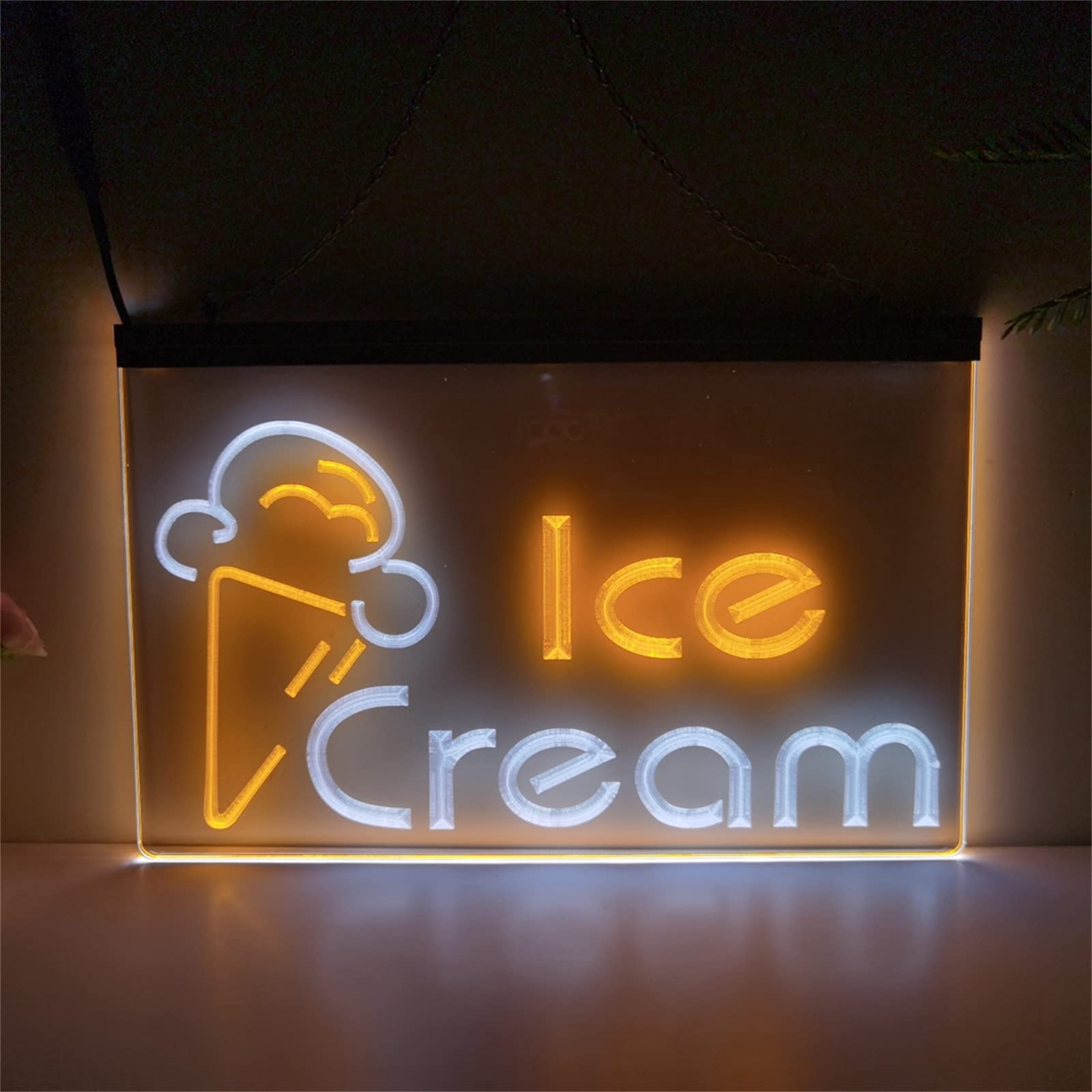 REWIS Ice Cream LED Neon Signs, USB Powerd 3-Level Dimming Neon Lights, for Ice Cream Shop Hanging Signboard,White Orange,40x30cm