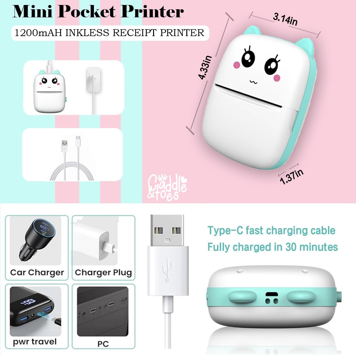 CADDLE & TOES Mini Pocket Printer with Rolls of Paper,Bluetooth Portable Thermal Printer, for Learning Notes, Photos, DIY, Travel,iOS iPhone and Android, Children's Birthday Gifts (Pink) 1
