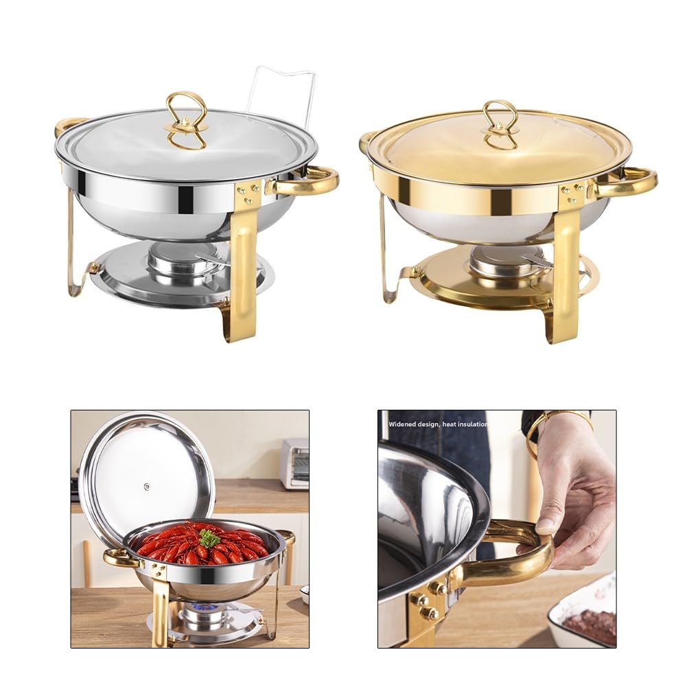 Calentadores de bufé de acero inoxidable, paquete de 2 unidades de 5 cuartos de galón, juego de platos para rozaduras con tapas de vidrio para bodas y hoteles