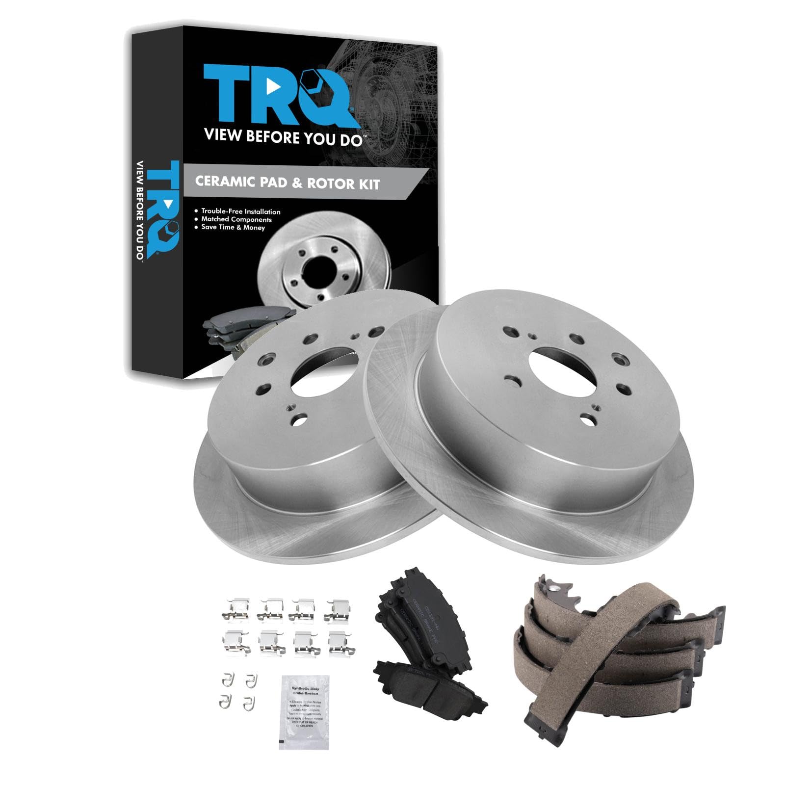 TRQ Rear Brake Pad and Rotor Set Ceramic Parking Brake Shoe Compatible with 2010-2015 Lexus RX350 RX450h 2014-2019 Toyota Highlander 2011-2020 Sienna