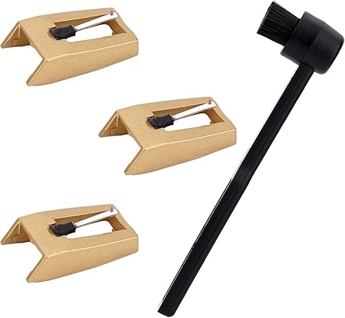 3 agujas para tocadiscos, repuesto de larga duración con cepillo limpiador para tocadiscos, repuesto para tocadiscos de vinilo (dorado)