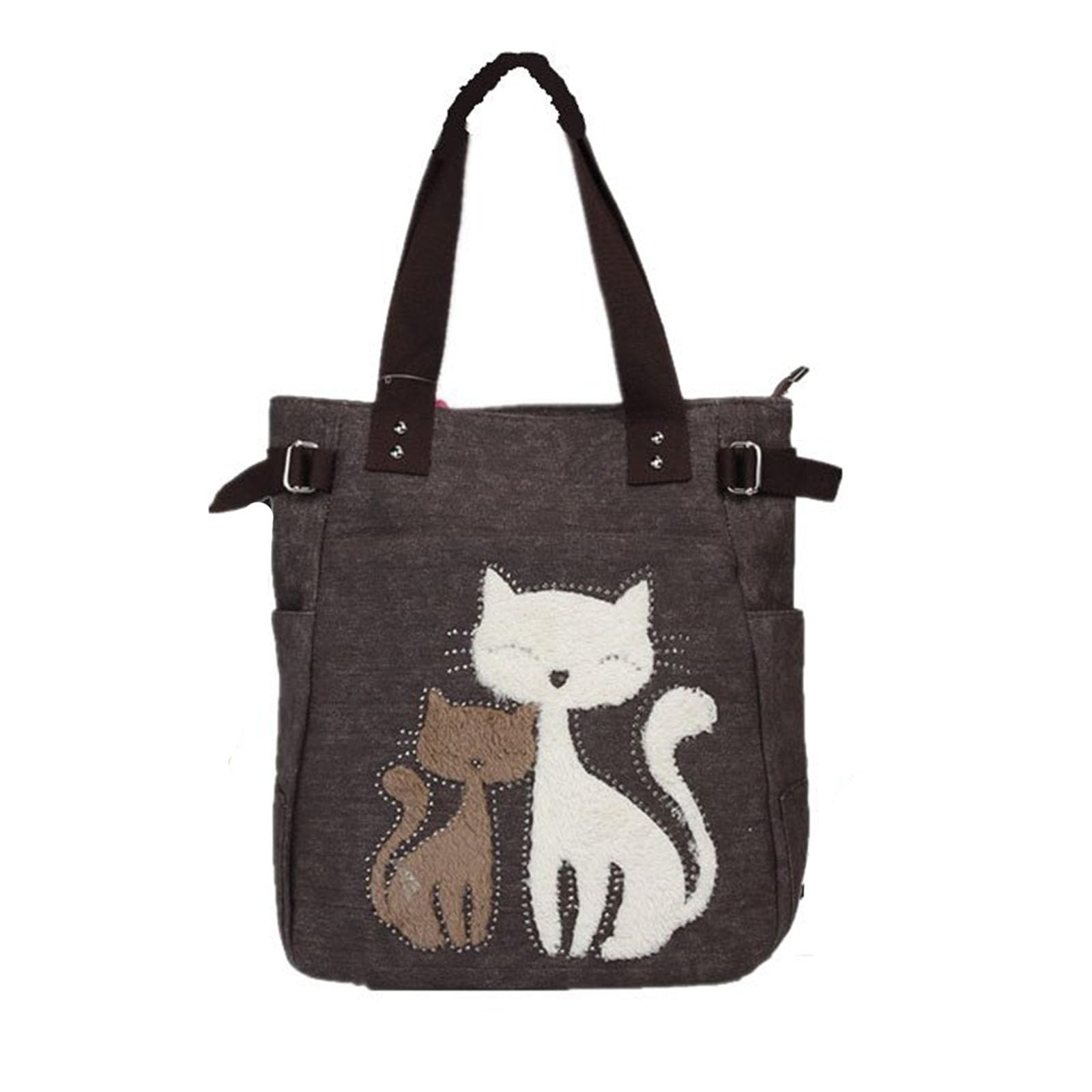 Canvas Tote Handbag for Women Cute Cat Embroidery Shoulder Purse Large Zipper Travel Work Shopping Grocery Bags