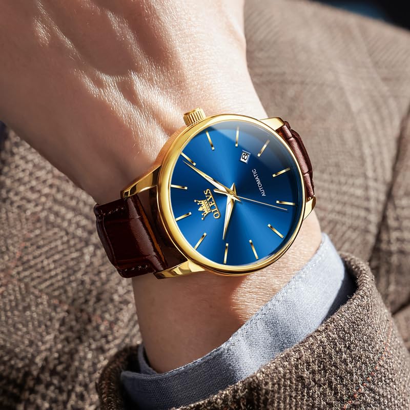 OLEVS Men's Automatic Watches Blue Face Brown Leather Waterproof Date - image 3