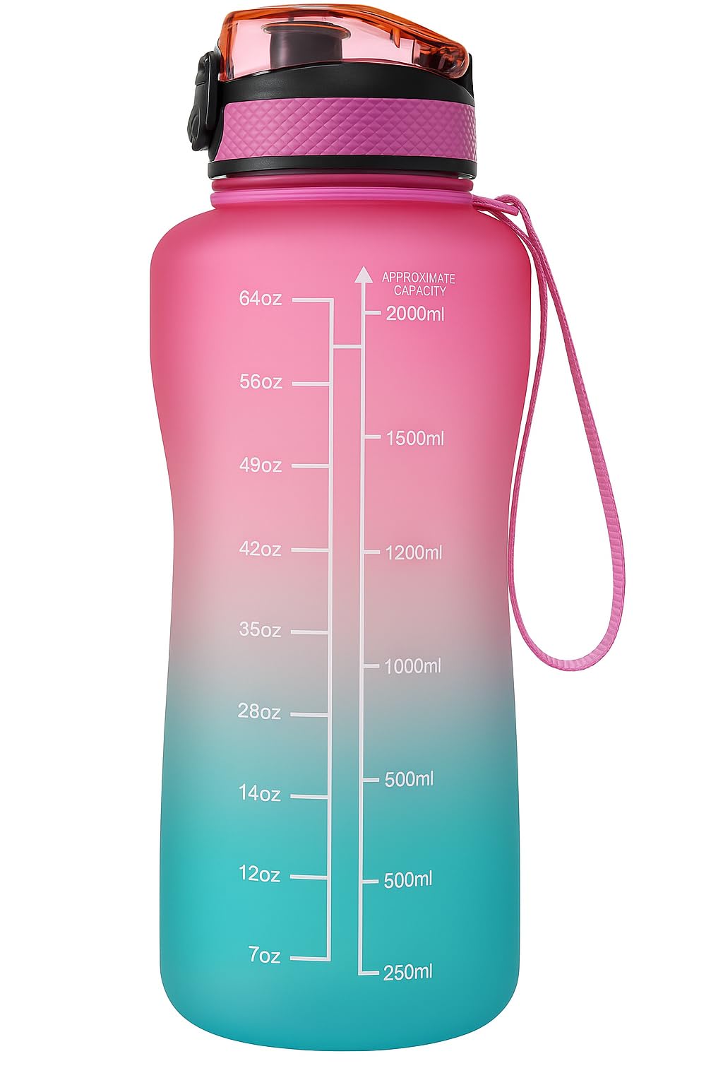 Arkeya Pink Motivational Water Bottle With Time Markers, 2L, Gradient Colours, Leak-Proof Flip-Top Lid (Pink)