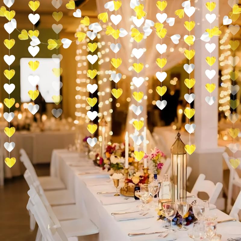 Image of Glitter Gold and White-Sliver Party Decorations Heart Streamers Garland - 39Ft Christmas Wedding Engagement Hanging Paper Banner, Bachelorette Bday Bridal Baby Shower Anniversary Decor Banners