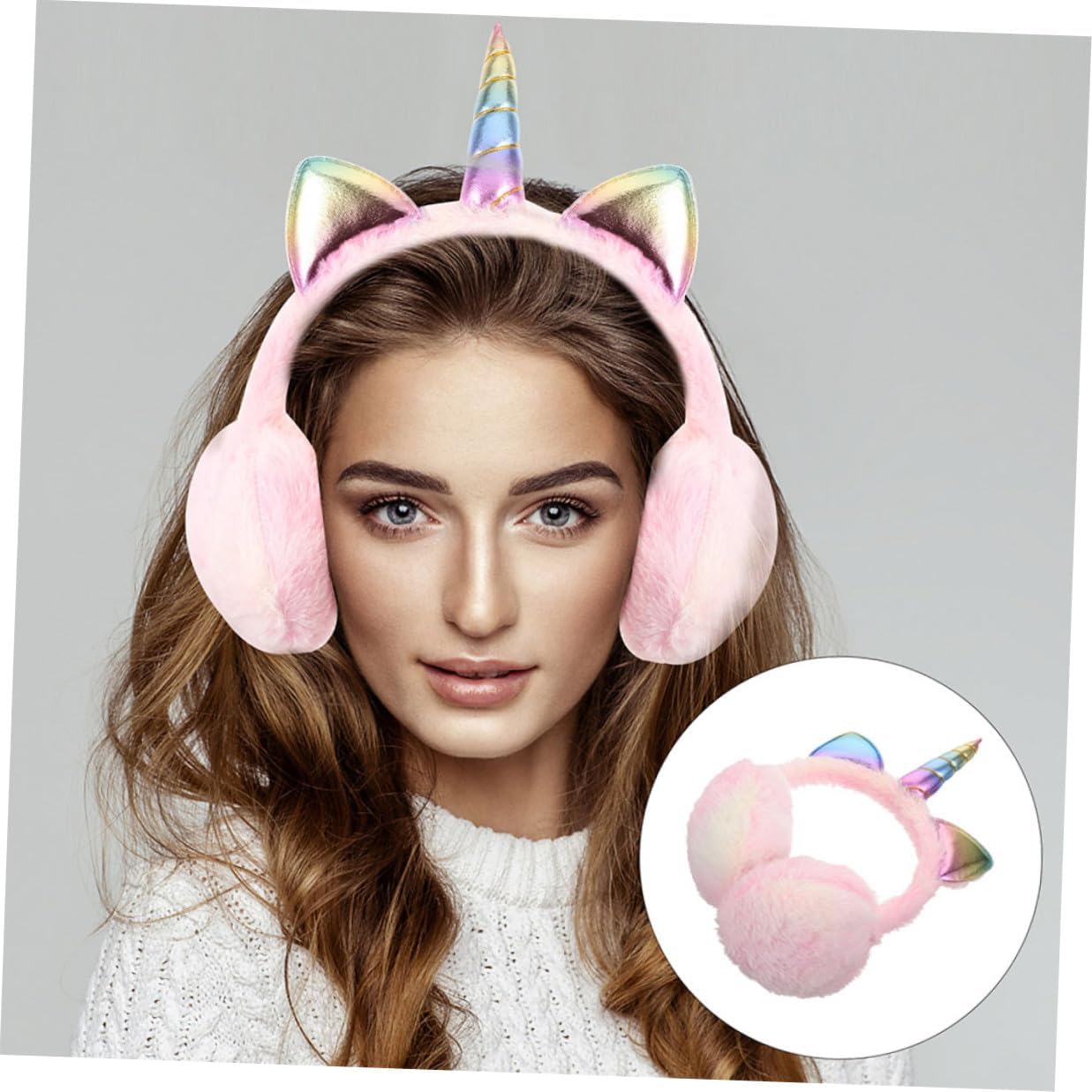Unicorn Ear Muffs 2pcs Pink Faux Fur Ear Covers Headband Warm Winter Earmuffs for Women Outdoor Cold Weather Protection