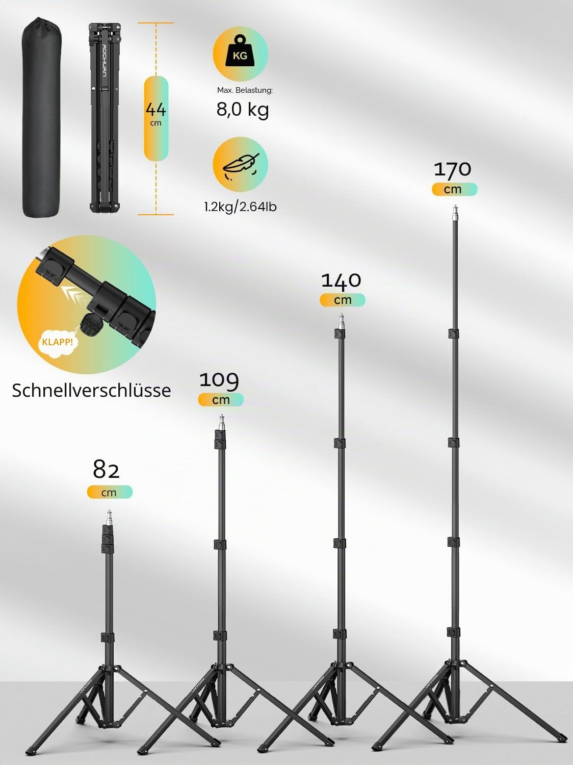 AOCHUAN Komplettes Kamerastativ für Smartphones, Kamera-Gimbal-Stabilisatoren, mit 0,44 m ~ 1,7 m Aluminium-Legierung, Beleuchtungsständer (T20), 1,7 m