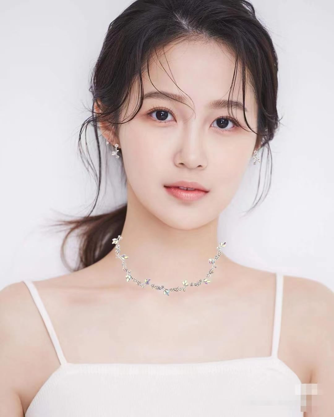 Brides Bridesmaid Flower Leaf Choker Necklace Dangle Earrings Link Bracelet Austrian Crystal Wedding Jewelry Set for Prom Costume Party Accessories for Woman - Image 4