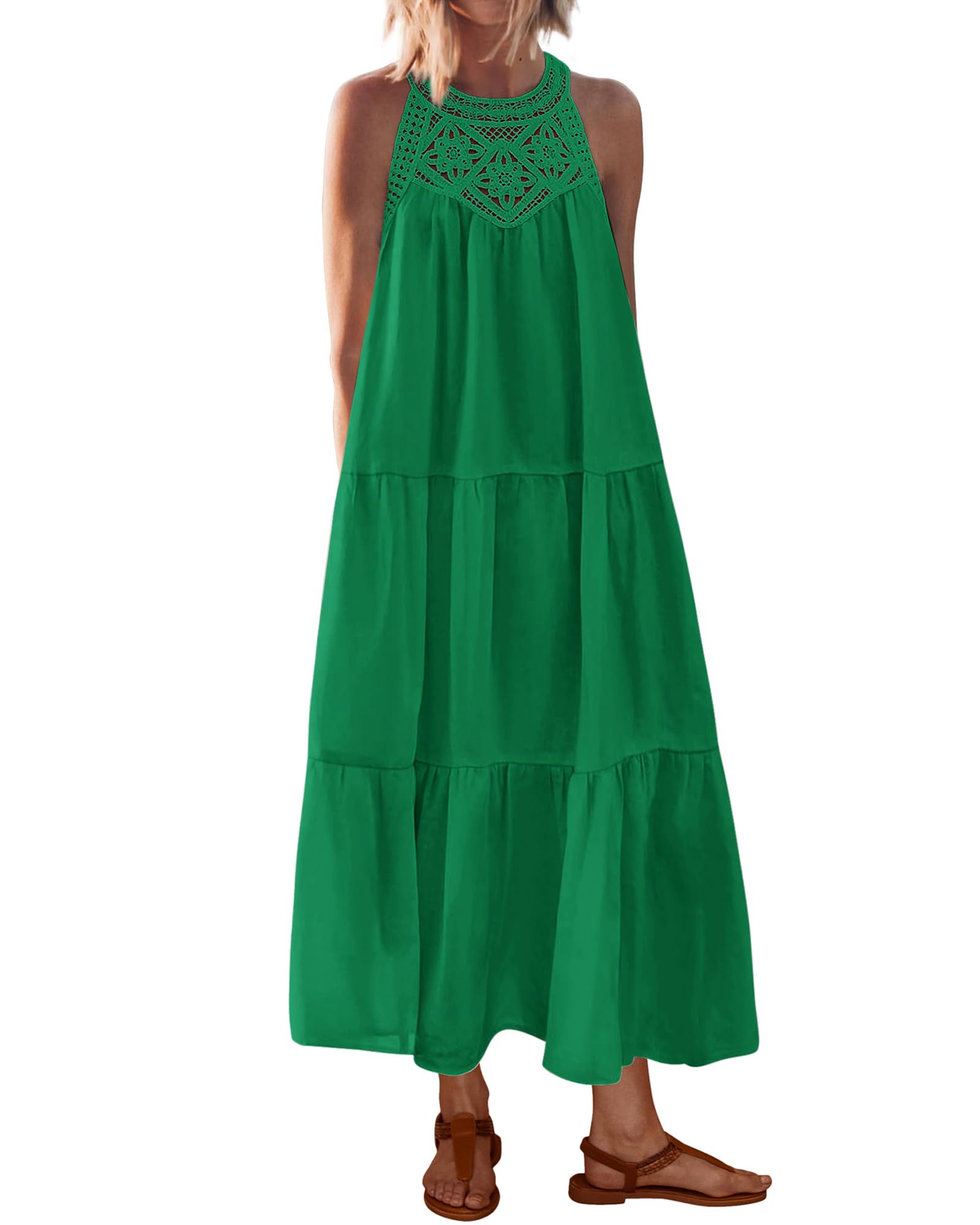 BTFBM Halter Summer Dresses for Women 2026 Casual Spring Hollow Out Sleeveless Boho Sundresses Beach Vacation Maxi Dress