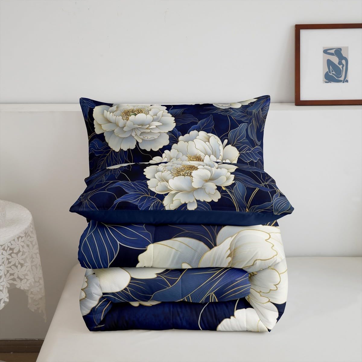 jejeloiu Navy Blue White Flower Bedding Set King Size Elegnat Floral Comforter Set for Adult Romantic Duvet Set Flower Plants Quilt Set 3Pcs - Image 6