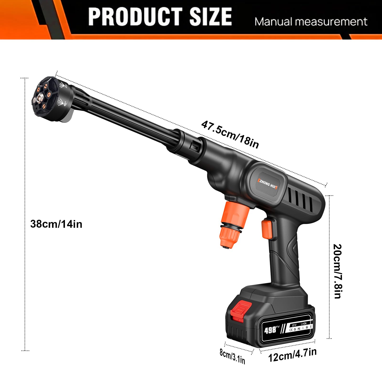 Hidrolimpiadora Bateria, 21V Máx 60Bar Hidrolimpiadora de Alta Presion, Press & Clean Pistola Lavado, Manguera de 5M, Boquilla Ajustable 6 en 1, Jarra de Espuma (con 2 baterías de 6000 mAh)