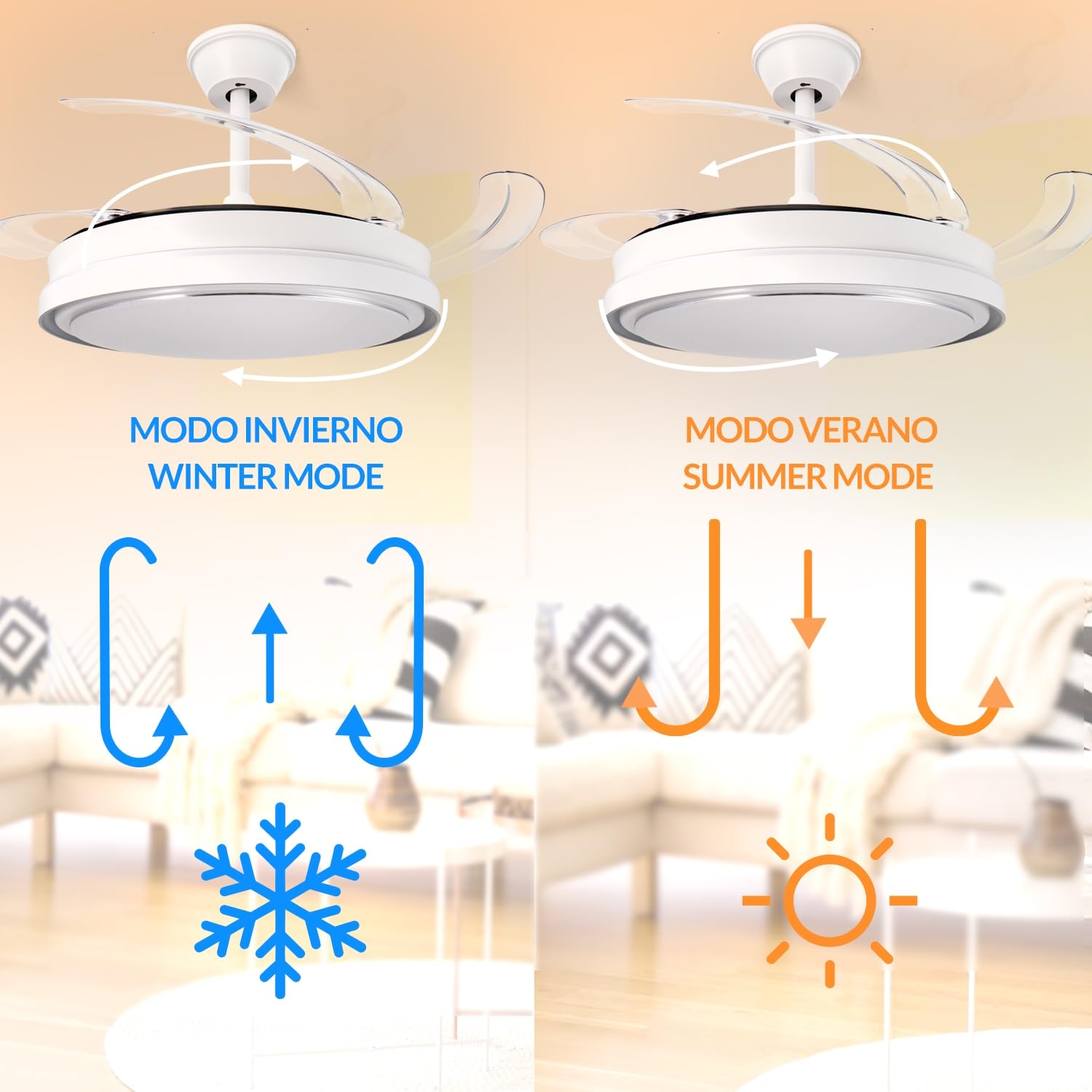 M mimotec -Ventilatore da Soffitto White Hood 70W con Luce LED Regolabile CCT, Motore DC 30W a Basso Consumo + LED 40W, 6 Velocità, Silenzioso, 4 Pale Retrattili, Estate/Inverno, Timer, Telecomando