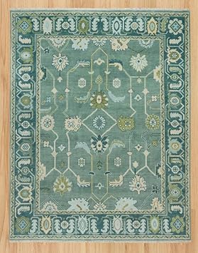 Hand-Tufted Oushak Wool Rug Handmade Unique Turkish Traditional Design, Boho Inspired Rug in Soft Pastel Colors for Living Room, Bedroom & Entryway Decor (Green Blue, 9' x 12')