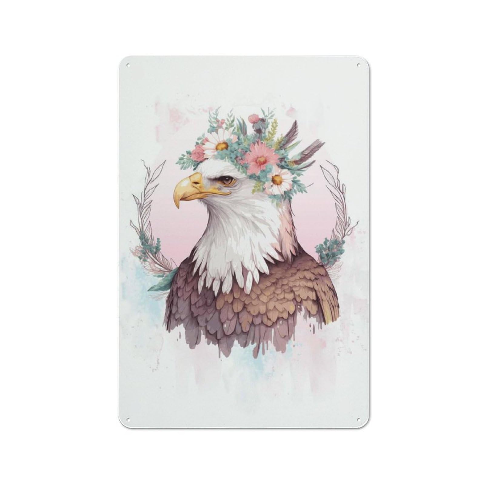 Floral Bald Eagle Painting Old Style Metal Wall Decor 30x20cm, Decorative Tin Plaque for Cafe, Pub, Workshop Or Home Bar