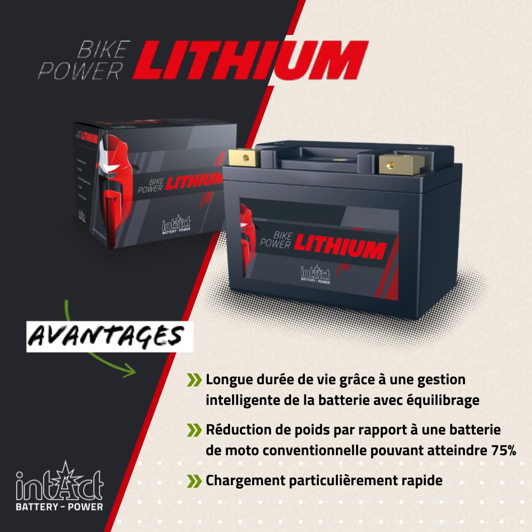intAct - BATTERIE MOTOCYCLE LITHIUM | Batterie pour scooter, moto etc. Jusqu'à 75% de gain de poids | Bike-Power LI-08, HJTX5L-FP, batterie 12,8V, 1,6 AH (c10), 19 Wh, 95 A (CCA) | Dim: 113x70x85mm